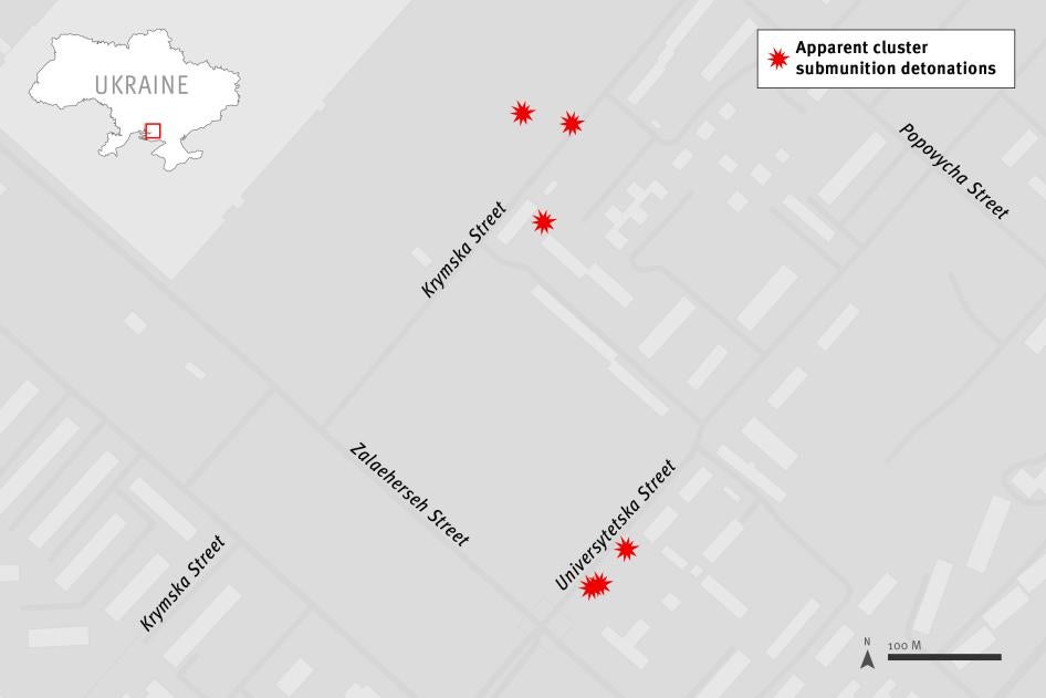 A map showing the detonations of apparent cluster submunitions in a neighborhood in Dniprovs'kyi district, Kherson city