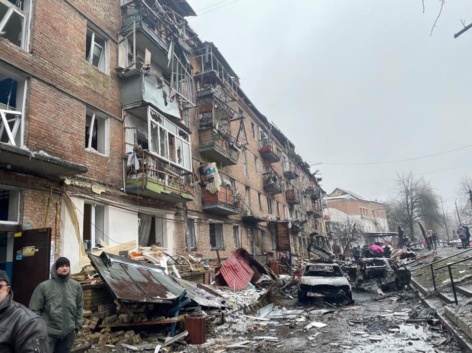 The aftermath of the November 23 attack outside of the residential building at Mykhaila Hrushevs'koho Street 1, Vyshgorod, Kyiv region. November 24, 2022. 