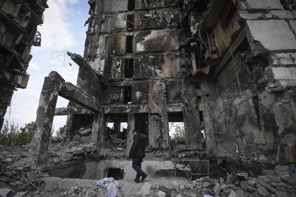 A residential building destroyed as a result of rocket and air strikes during the Russian attack on Mariupol, Ukraine. 