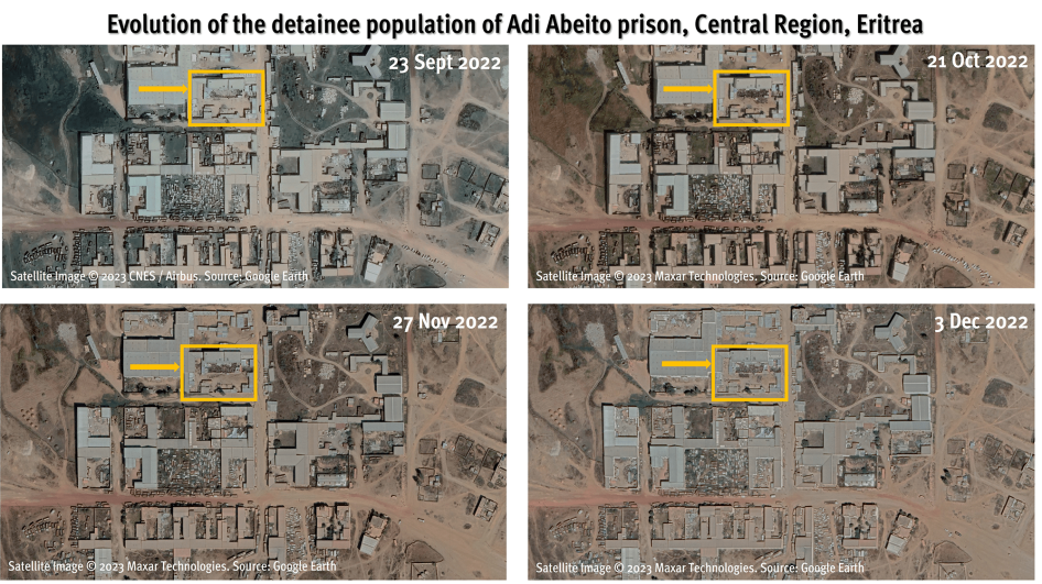 Satellite imagery recorded over several months offers snapshots of compounds in Adi Abeito prison where an increasing number of people were visible from October 2022 onwards.