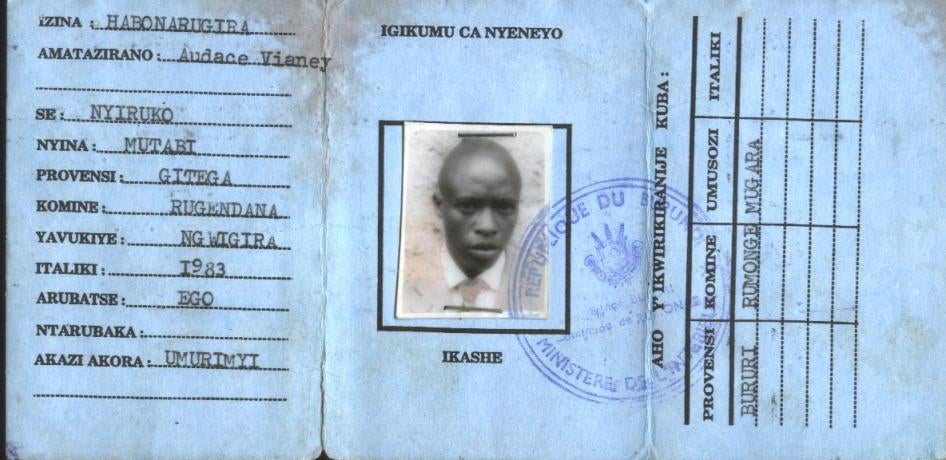 Identity card of Audace Vianney Habonarugira, found on him when his body was discovered on July 15, 2011.