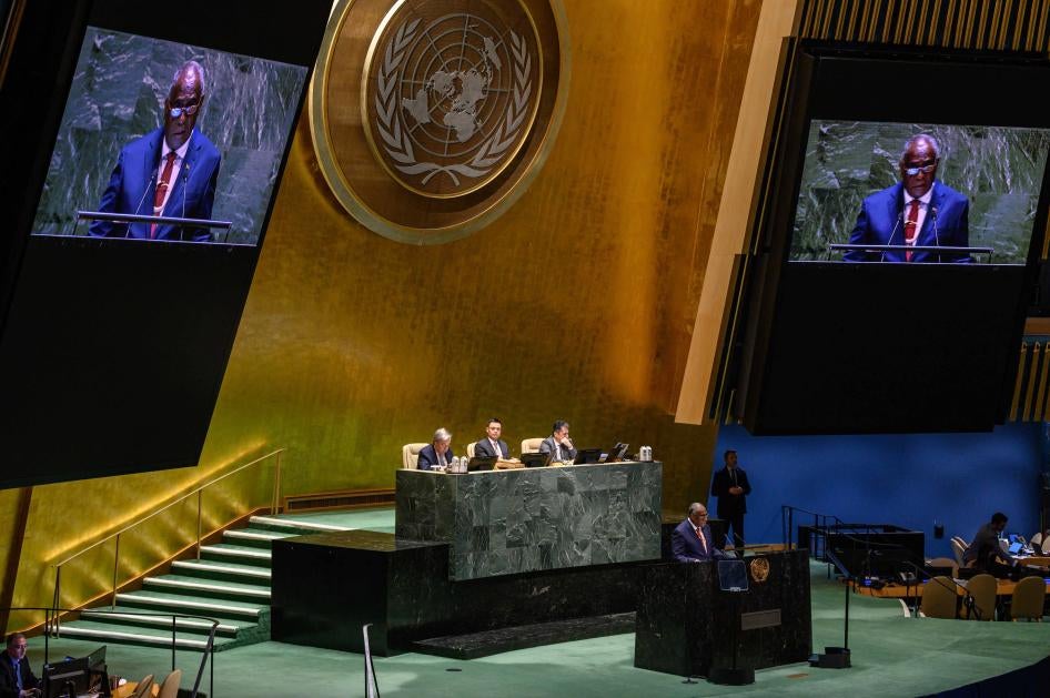Vanuatu's Prime Minister Ishmael Kalsakau speaks prior to a vote on a resolution aimed at fighting global warming, at the United Nations General Assembly in New York, March 29, 2023.