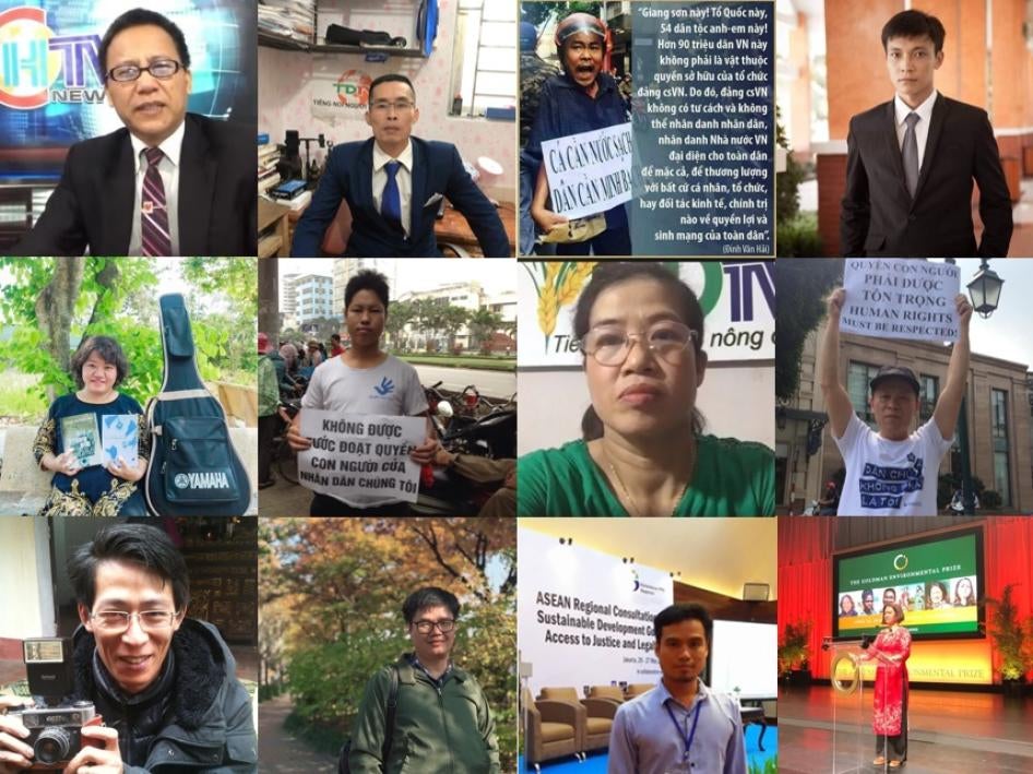Twelve Vietnamese rights activists and bloggers currently detained for exercising their basic rights. Top row from left to right: Le Van Dung, Le Manh Ha, Dinh Van Hai, Bui Van Thuan. Center row:  Pham Doan Trang, Trinh Ba Phuong, Nguyen Thi Tam, Truong Van Dung. Bottom row: Nguyen Lan Thang, Mai Phan Loi, Dang Dinh Bach, Nguy Thi Khanh.