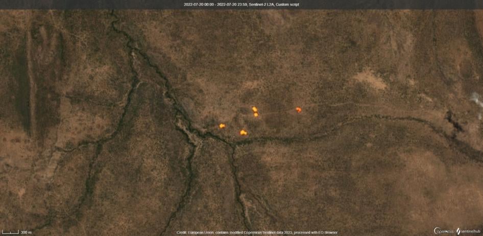 Satellite image shows five homesteads burning on July 20, 2022 in Maalon ward, Arusha region, Tanzania. 