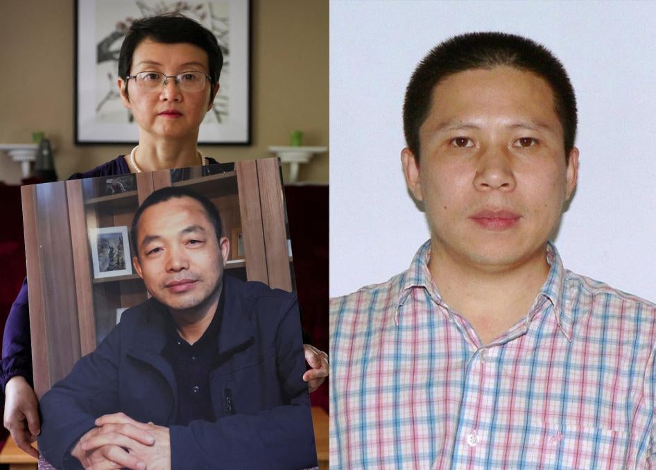 À gauche : Sophie Luo Shengchun, l'épouse de l'avocat chinois emprisonné Ding Jiaxi, tenait une photo agrandie de son mari dans son domicile dans l’État de New York, le 28 juillet 2022. À droite : l'avocat chinois Xu Zhiyong, également emprisonné.
