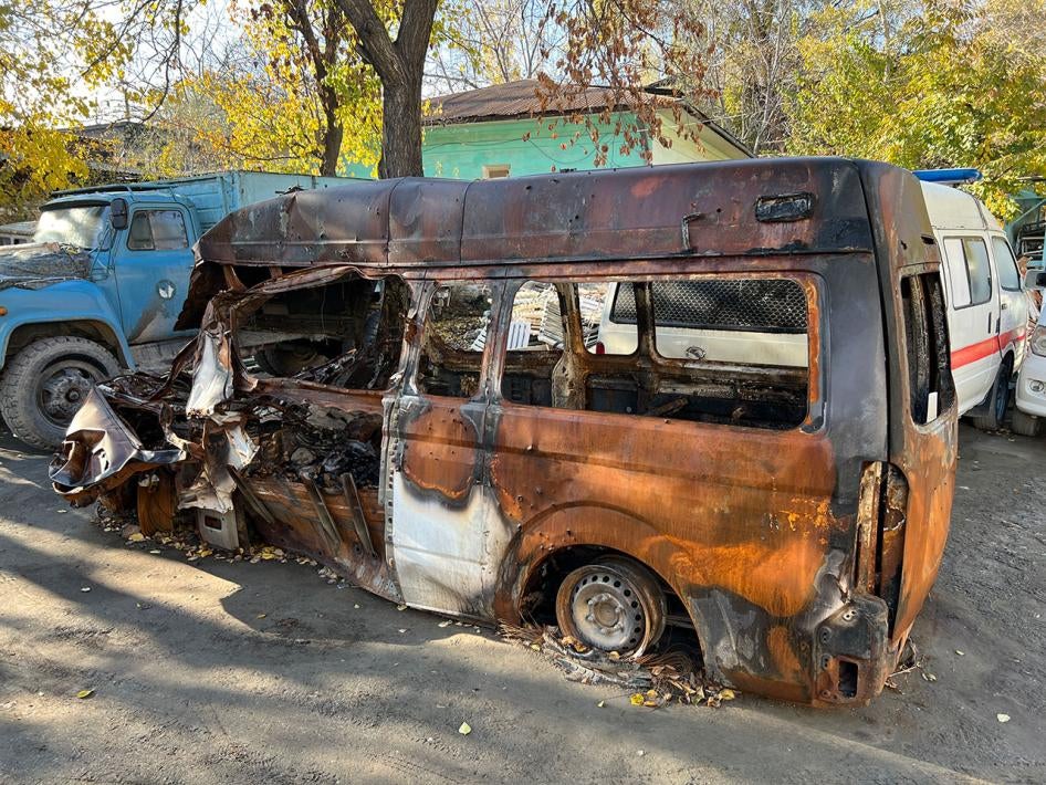 The wreckage of a Tajik ambulance from Isfara State Hospital, which was attacked near a bridge by the border in Chorbog, Tajikistan on September 16, 2022, along with another ambulance and a car carrying civilians.