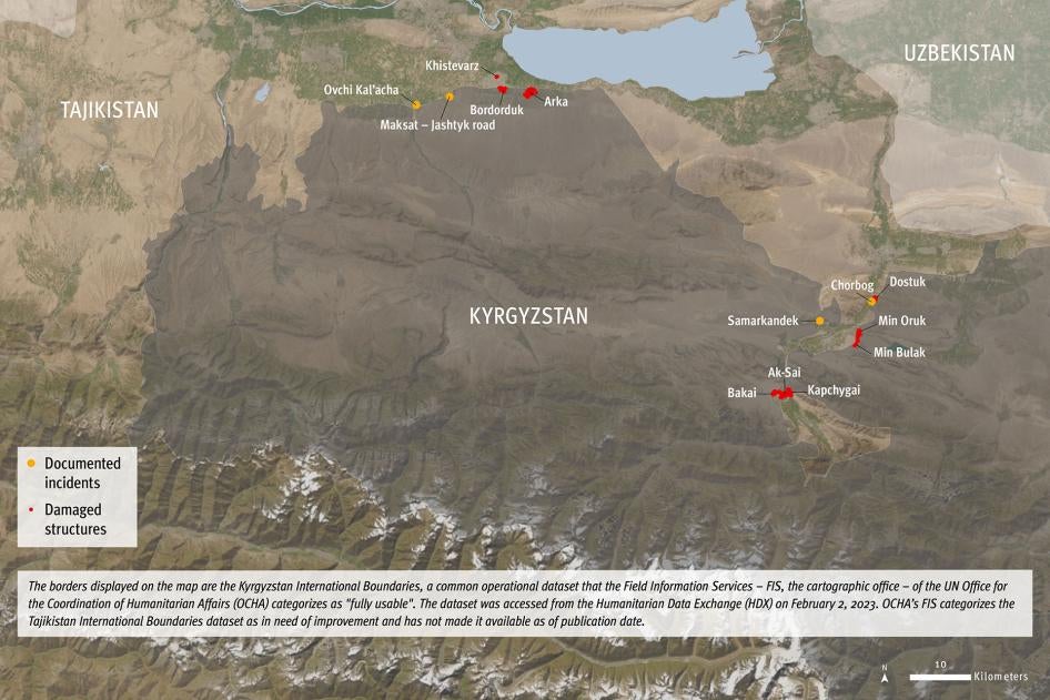 Map of incidents and damage documented by Human Rights Watch in Kyrgyzstan and Tajikistan