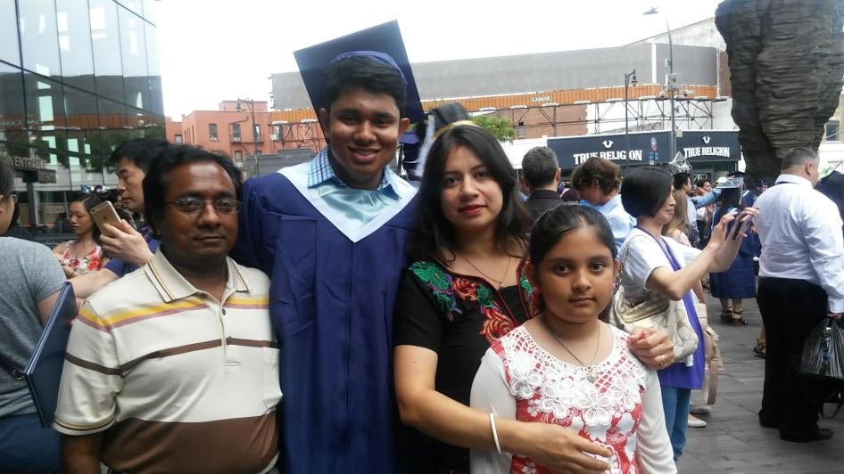 Subhajit Saha, the first person in his family to graduate from high school and college, here in June 2016 in Brooklyn, N.Y., with his father, Subodh, his mother, Seema, and sister, Linda. Since 2004, Subodh Saha, left, has received weekly physical therapy for fibromyalgia and osteoporosis, which weakens his bones and causes chronic pain.