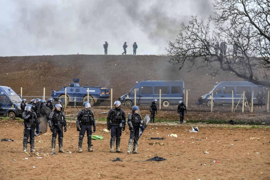 Mobile riot gendarmes policing a protest against the construction of a new water reserve for agricultural irrigation in Sainte-Soline, France March 2023. 