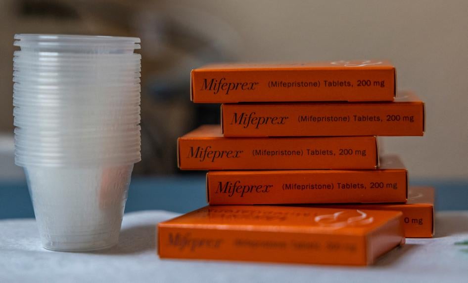 Boxes of mifepristone, the first pill given in a medical abortion.