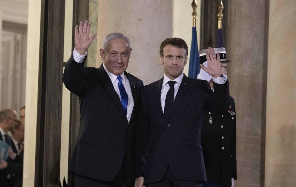 Le Premier ministre israélien Benjamin Netanyahu et le président français Emmanuel Macron au palais de l'Élysée, Paris, France, le 2 février 2023.