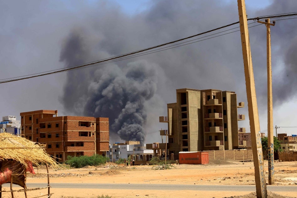 Smoke rises above buildings after an aerial bombing during fighting between the army and the Rapid Support Forces in Khartoum North, Sudan, May 1, 2023.