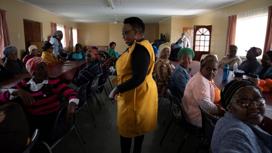 Nosiphiwo Tetana speaks to members of the Dimbaza Society for the Aged’s service center in Dimbaza, Eastern Cape.