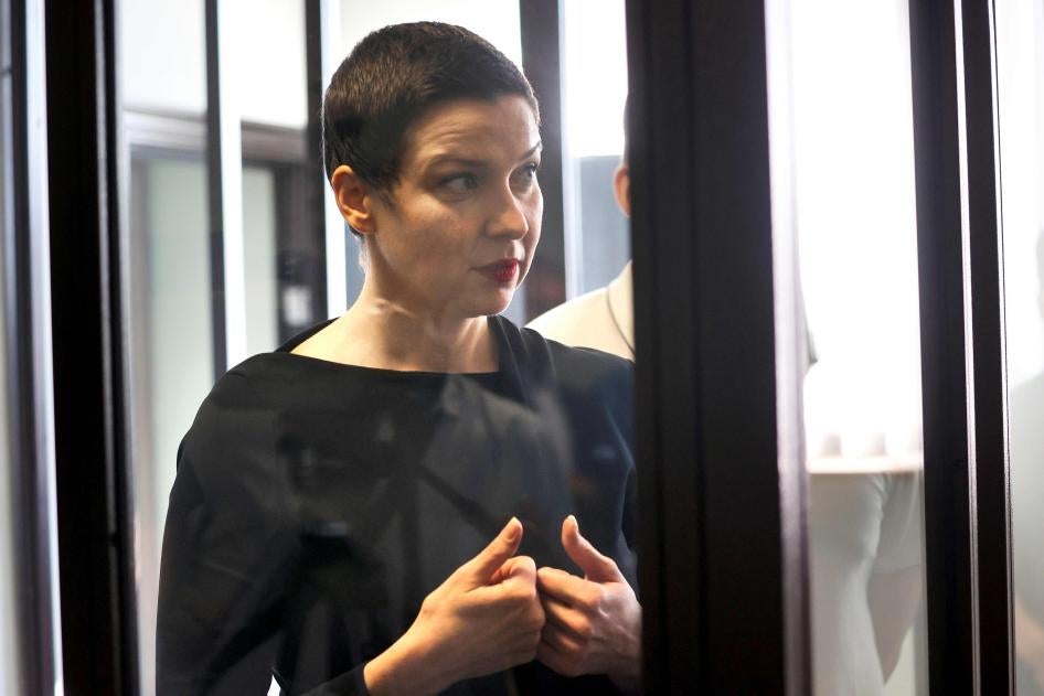 Belarusian opposition activist Maria Kalesnikava inside the defendants’ cage at the opening of her trial on Aug 4, 2021. 
