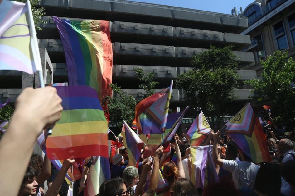 In defiance of a ban on all Pride events in Istanbul and full police lockdown, demonstrators assembled in the backstreets of Nişantaşı neighborhood near Taksim, Istanbul, Turkey, June 25, 2023. 
