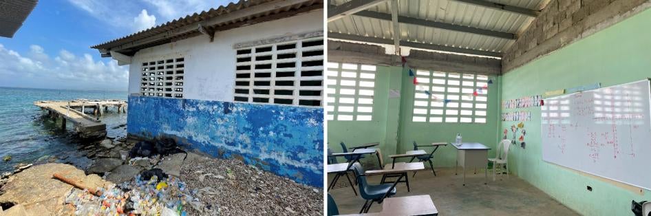 Exterior and interior photos of a school by the water