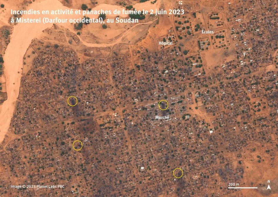Des images satellite du 2 juin 2023 montrent plusieurs incendies en activité et des panaches de fumée dans la ville de Misterei, au Darfour occidental au Soudan. 