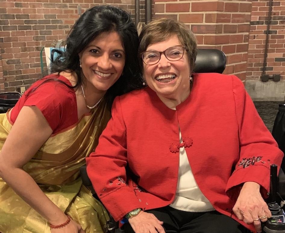 Judy Heumann (right) and Shantha Rau Barriga at a gala in Chicago on June 10, 2019, during which Human Rights Watch was awarded the Lead On! Award by Access Living.