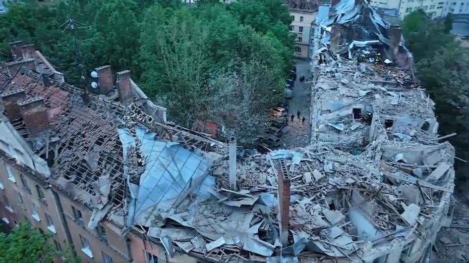 Image from drone footage recorded by the State Emergency Service of Ukraine on the morning of July 6, 2023, showing the rooftop of an apartment complex on the corner of Akademika Sakharova Street and Stryiska Street in Lviv, seriously damaged by a Russian cruise missile.  