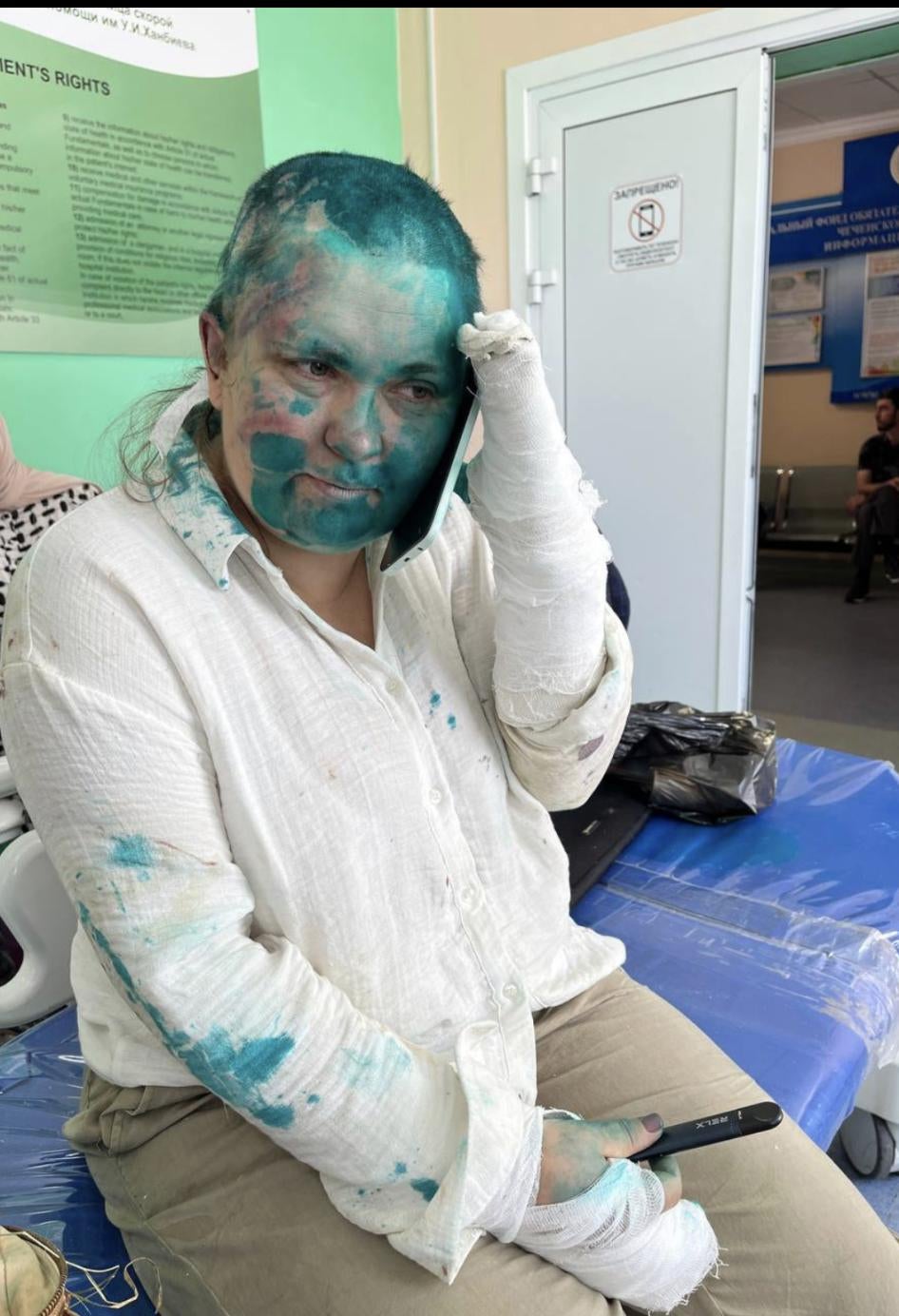 Elena Milashina in a hospital in Grozny, Chechnya after being violently attack on July 4, 2023