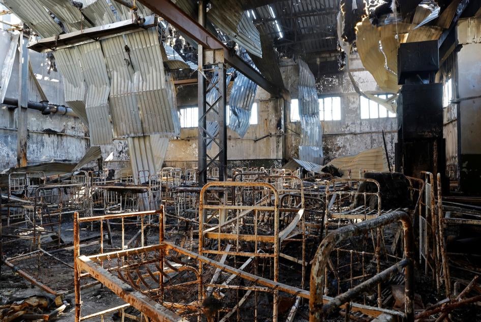 An interior view of the damaged barrack in Olenivka prison in Russian-occupied territory of Donetska region where an explosion on July 29 killed 50 and injured 100 Ukrainian POWs, August 10, 2022. 
