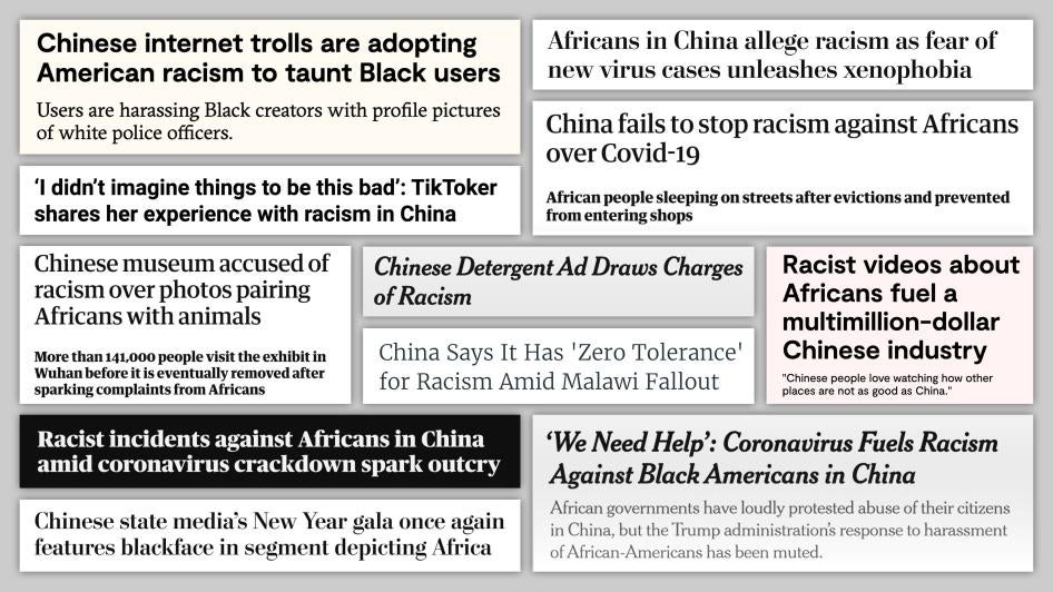 Collage of news headlines on anti-Black racism in China. 