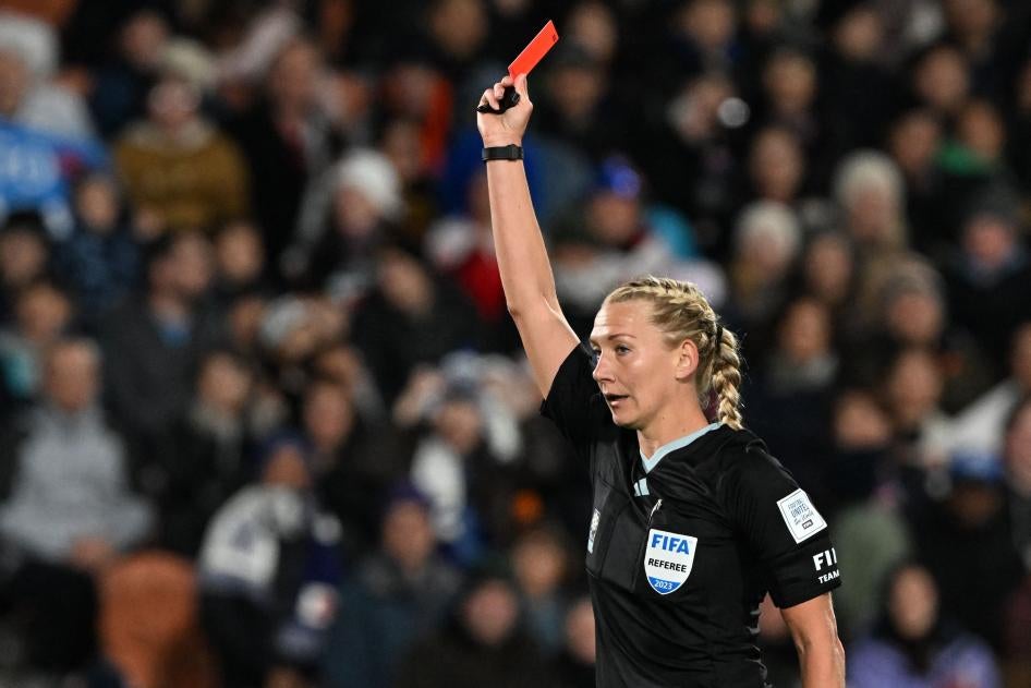 Referee Tess Olofsson of Sweden shows a red card during the Australia and New Zealand 2023 Women's World Cup at Waikato Stadium in Hamilton on July 22, 2023. 