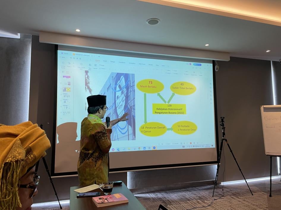 Imam Nakha’i of the National Commission on Violence Against Women discussing the 120 mandatory hijab regulations, 73 of which are still in force, in Jakarta, Indonesia, August, 14, 2023. 