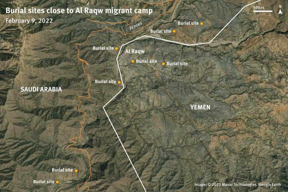 Emplacement des lieux de sépultures identifiés sur l'imagerie satellite à proximité du camp de migrants d'Al Raqw. Image : 9 février 2022 © 2023 Maxar Technologies. Source : Google Earth