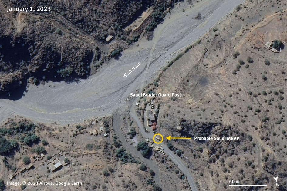 Satellite imagery recorded on January 1, 2023 shows what appears to be a Mine-Resistant Ambush Protected (MRAP) vehicle parked at one of the Saudi border guard posts north of the trail from Al Thabit camp.