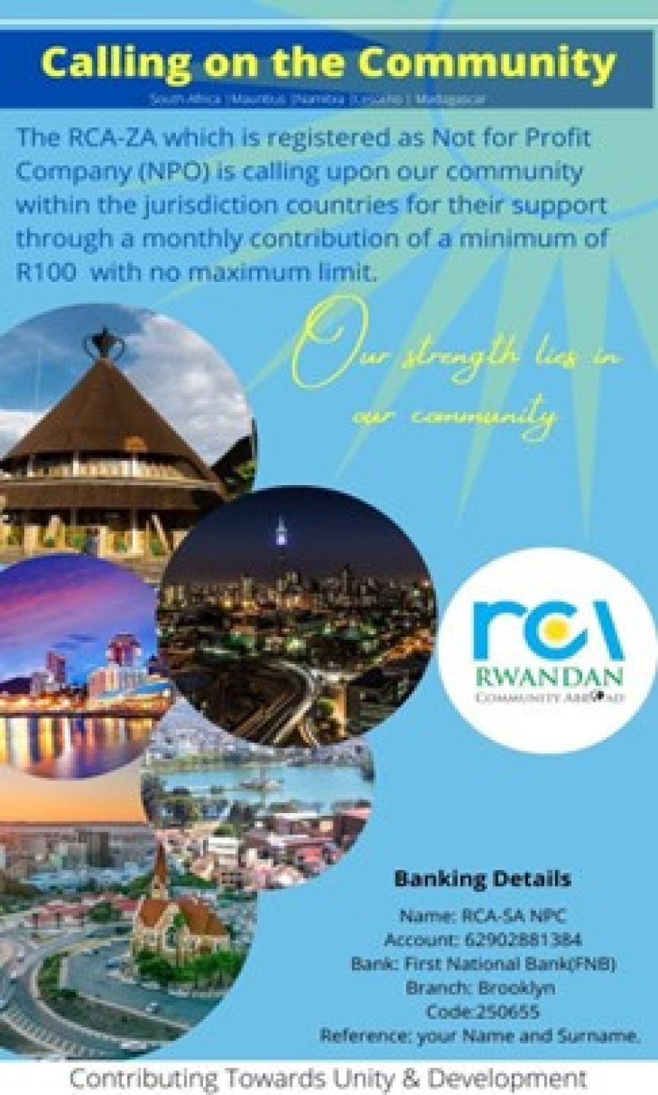 Flyer circulated on WhatsApp to the Rwandan community in Cape Town, South Africa, requesting financial contributions to the Rwandan Community Abroad.