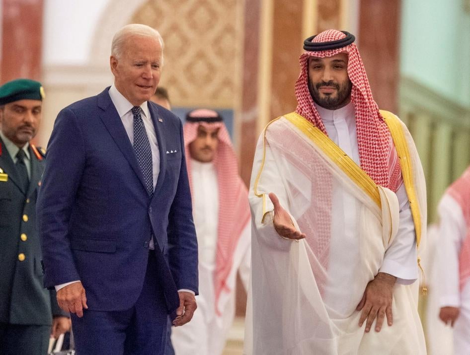 Saudi Crown Prince Mohammed bin Salman receives U.S. President Joe Biden at AI Salman Palace upon his arrival in Jeddah, Saudi Arabia, July 15, 2022. 