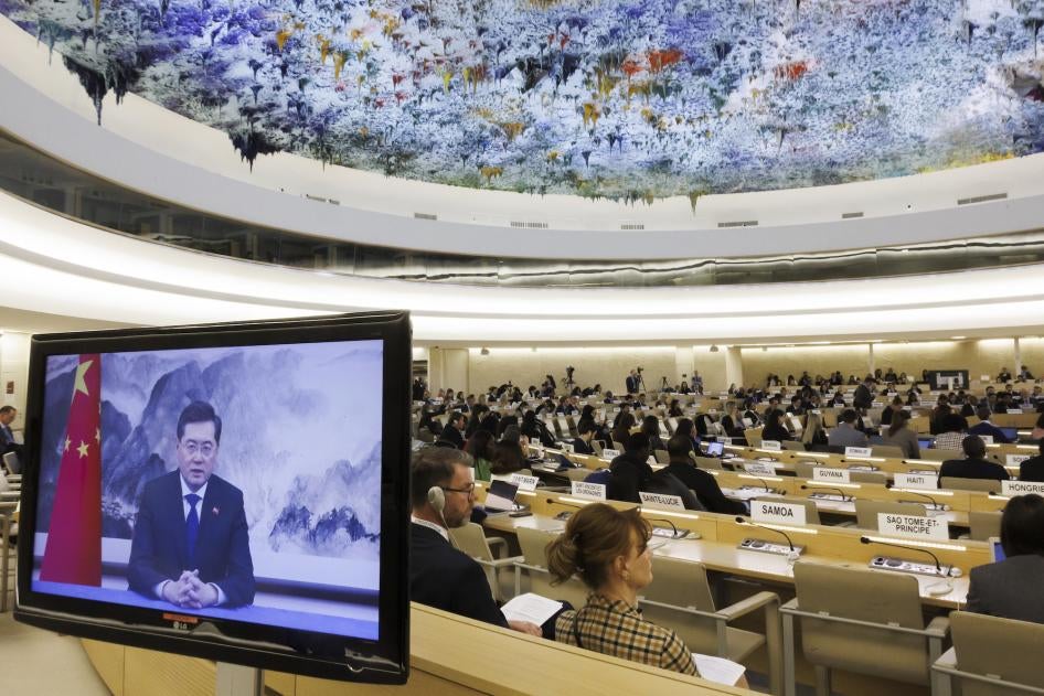 China's then-Minister for Foreign Affairs Qin Gang delivers a remote statement during the 52nd session of the UN Human Rights Council in Geneva, February 27, 2023.
