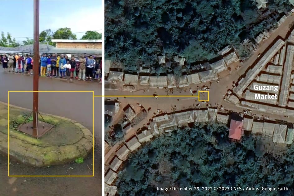 Géolocalisation de la vidéo de l'exécution dans la rue principale de Guzang, dans la région du Nord-Ouest, au Cameroun, près du marché. Image : 29 décembre 2022