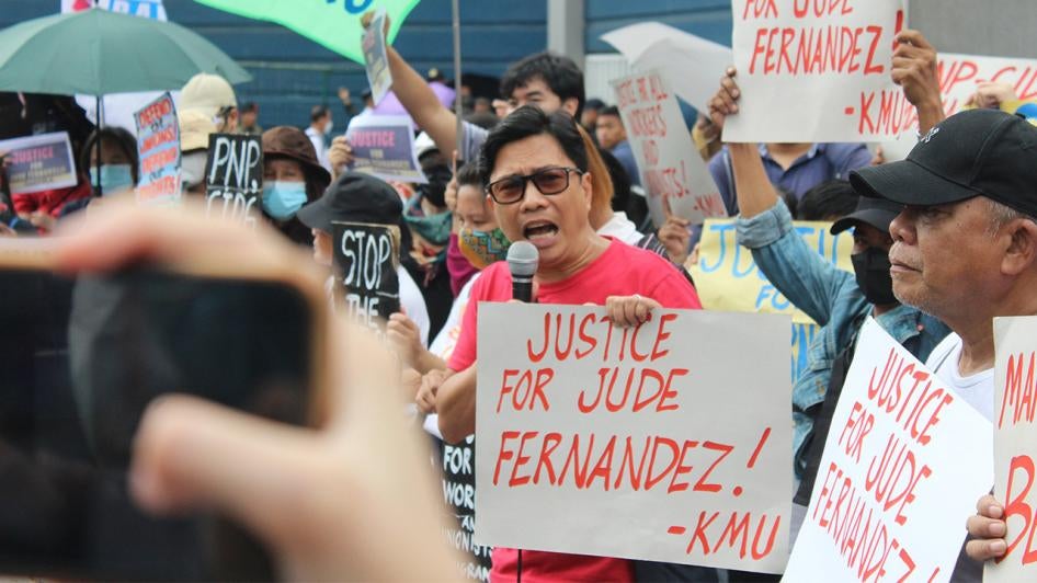 Protest over the killing of labor leader Jude Thaddeus Fernandez in Manila, Philippines, October 5, 2023.