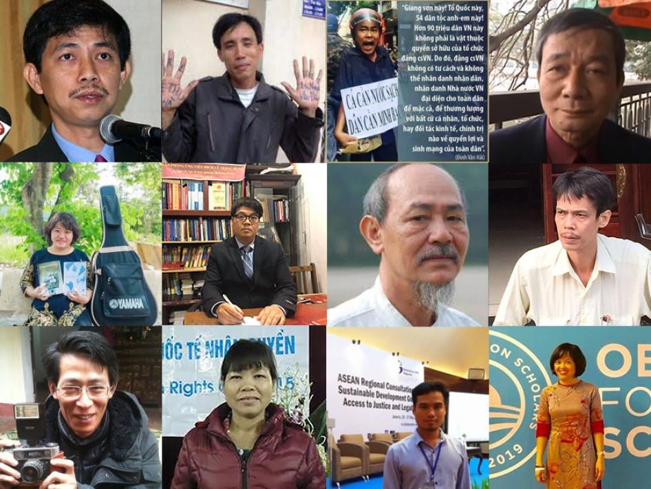 Twelve Vietnamese rights activists and bloggers currently detained for exercising their basic rights. Top row from left to right: Tran Huynh Duy Thuc, Hoang Duc Binh, Dinh Van Hai, Nguyen Tuong Thuy. Center row:  Pham Doan Trang, Le Trong Hung, Pham Chi Thanh, Pham Chi Dung. Bottom row: Nguyen Lan Thang, Can Thi Theu, Dang Dinh Bach, Hoang Thi Minh Hong.