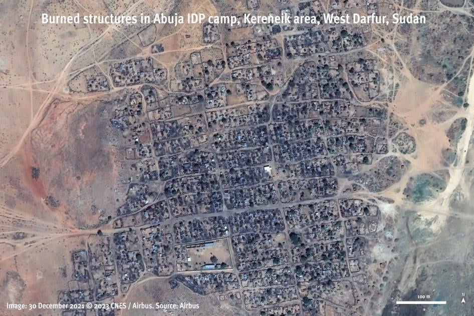 Satellite imagery captured on December 30, 2021, shows areas destroyed by fire in the Abuja displacement camp, Kereneik, West Darfur, Sudan.