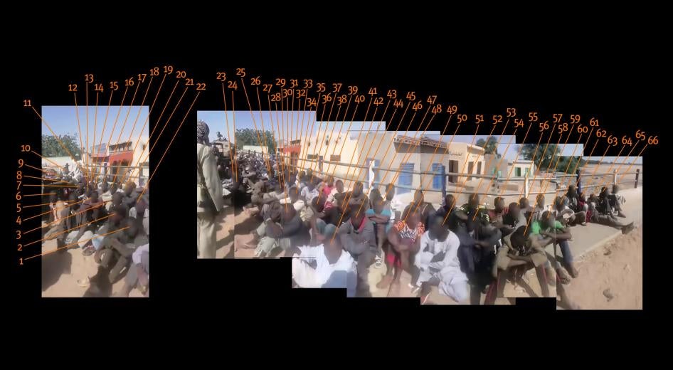 Human Rights Watch counted over 200 detainees in a series of videos published on social media. This composition of still images taken from a video shows an estimate of 66 detainees.