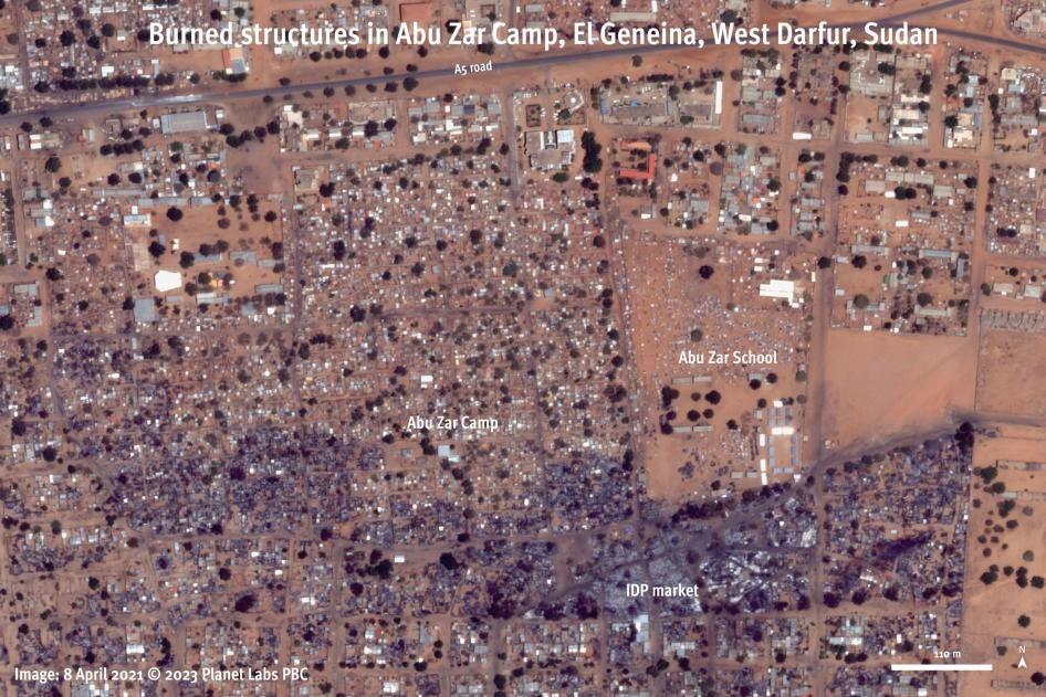 Satellite imagery captured on April 8, 2021, shows areas destroyed by fire in the Abu Zar camp, El Geneina, West Darfur, Sudan. Image © 2023 Planet Labs PBC. Analysis and graphics.