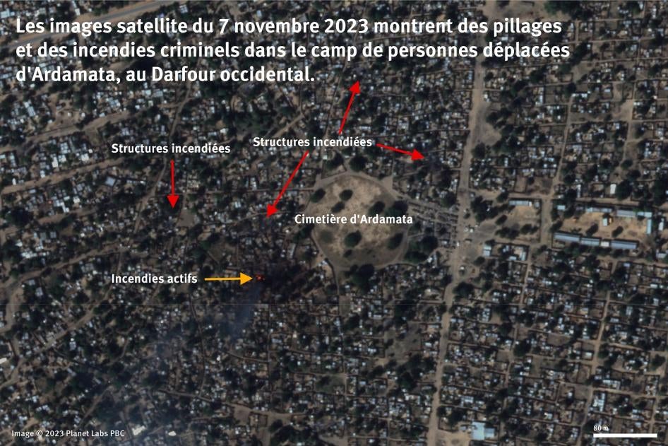 Image satellite du 7 novembre 2023 montrant des incendies actifs et des structures incendiées dans un camp de personnes déplacées situé à Ardamata, une banlieue d’El Geneina (Darfour occidental), au Soudan.