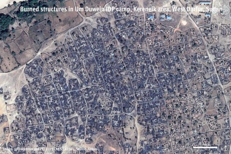 Satellite imagery captured on December 30, 2021, shows areas destroyed by fire in the Um Duwein camp, Kereneik, West Darfur, Sudan.