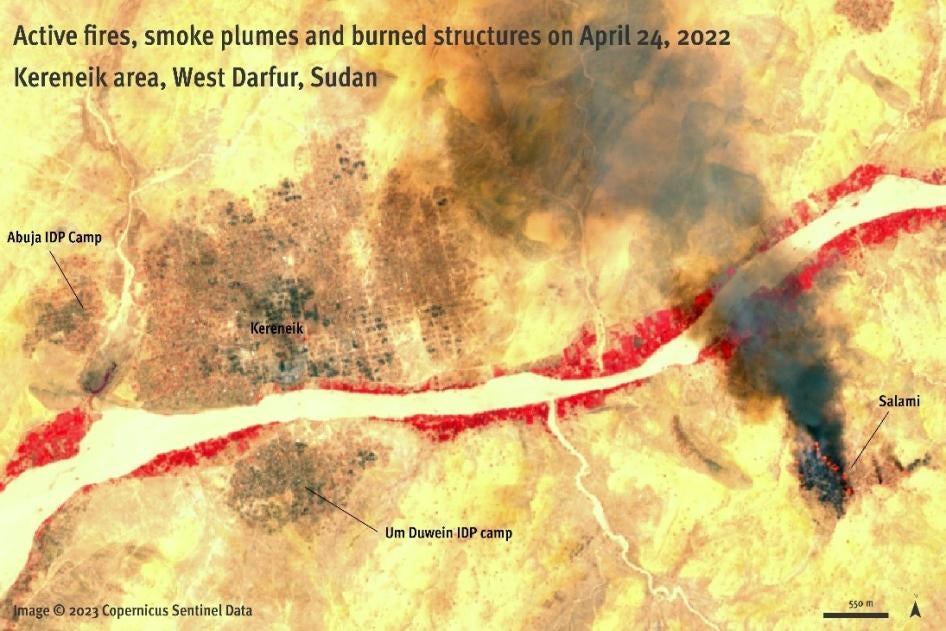 Infrared satellite image April 24, 2022, shows the extent of the burning in the town of Kereneik, West Darfur as well as ongoing smoke plumes in the village of Salami. On infrared images, the vegetation appears in red and the burned areas in darker colors. Image © 2023 Copernicus Sentinel Data.