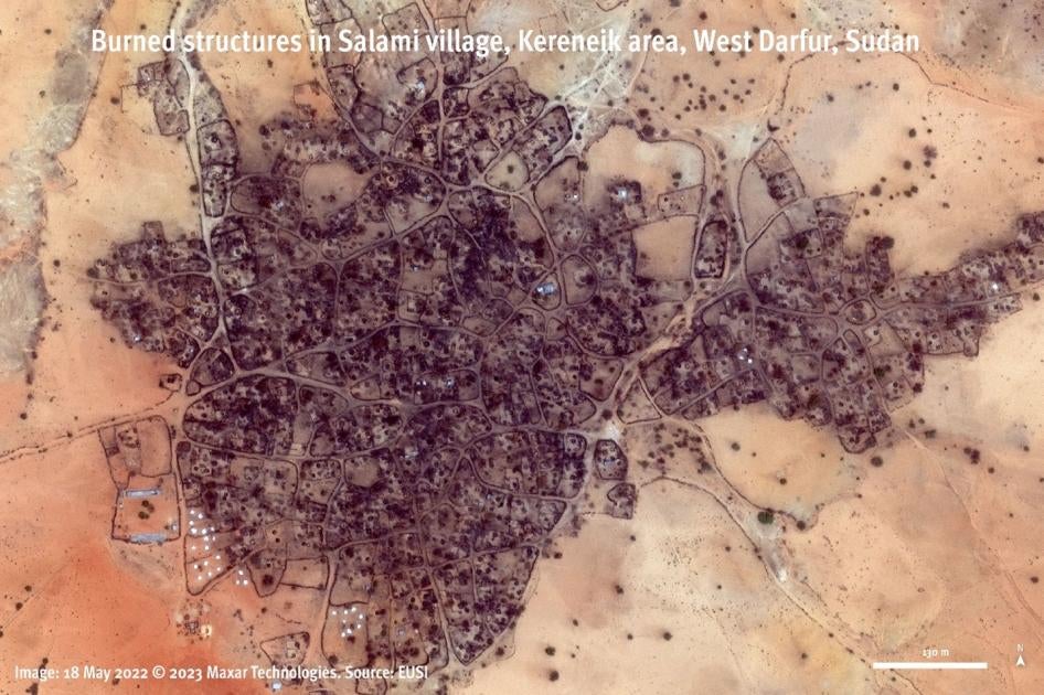Satellite imagery of May 18, 2022, shows residential areas destroyed by fire in Salami village, Kereneik area, West Darfur, Sudan. Image © 2023 Maxar Technologies. Source: EUSI 