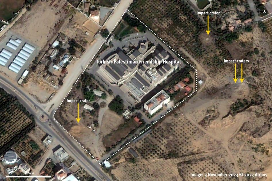 Satellite imagery from November 3, 2023, shows several impact craters around the Turkish-Palestinian Friendship Hospital. 