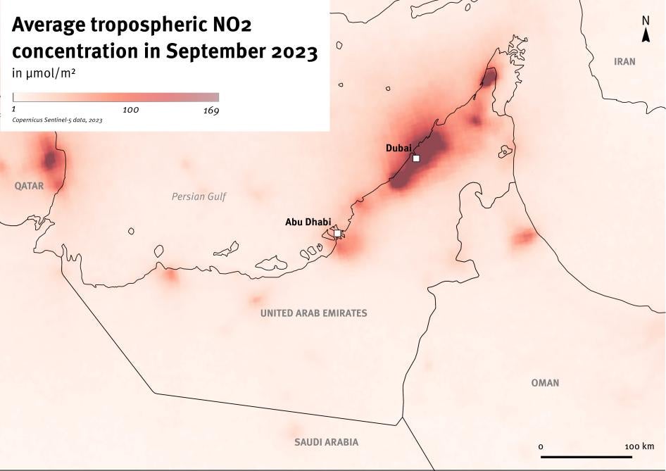 Map of the average tropospheric NO2 concentration values from remote sensing in September 202