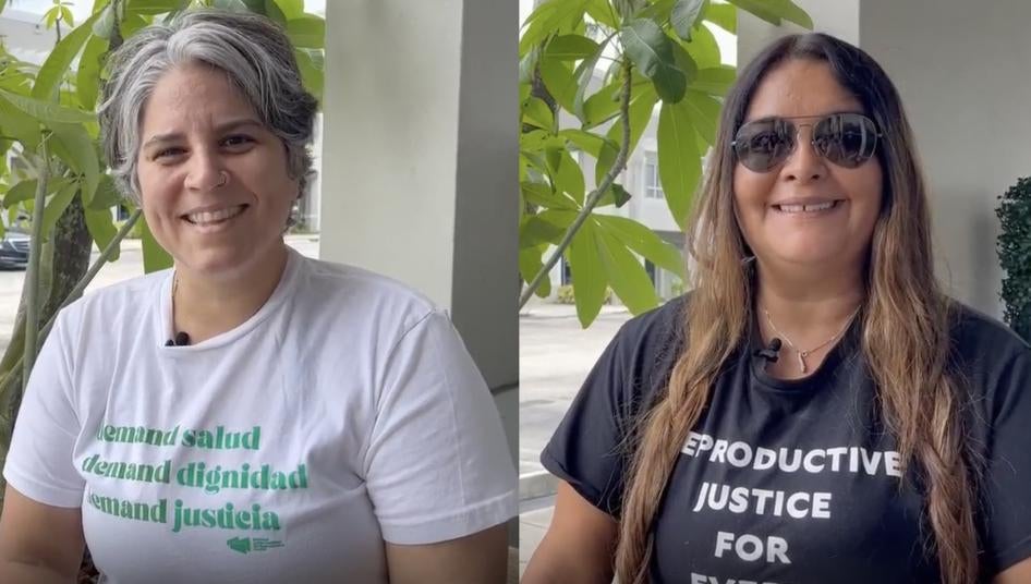 Karen Osses (L) and Charo Valero, National Latina Institute for Reproductive Justice in Miami, Florida, US, May 29, 2023. 