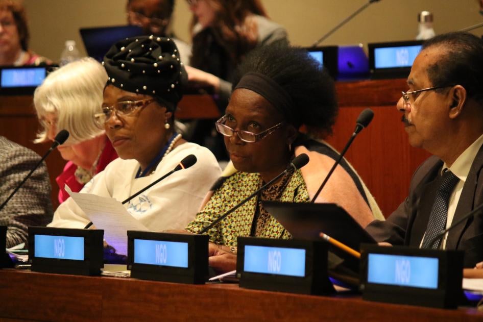 Bertha Kijo, 61, from the Good Samaritan Social Service Trust in Tanzania, addresses states at the United Nations Open-ended Working Group on Ageing, New York, April 16, 2019.
