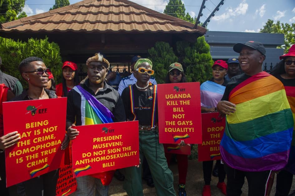 Members of an opposition party picket against Uganda's anti-homosexuality bill at the Uganda High Commission in Pretoria, South Africa, April 4, 2023.