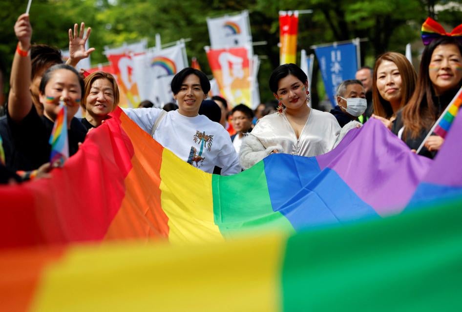 Participants march during the Tokyo Rainbow Pride parade, celebrating advances in LGBTQ rights and calling for marriage equality, in Tokyo, Japan, on April 23, 2023. 
