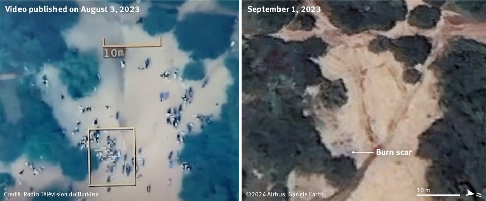 Left, screenshot of a video from a Burkinabè military drone on August 3, 2023, taken from Radiodiffusion Télévision du Burkina’s YouTube channel. It shows a moment before a guided munition struck dozens of people and animals in Bouro village. © Radiodiffusion Télévision du Burkina. Right, satellite imagery taken on September 1, 2023 shows a burn scar in the same location. Image © 2024 Airbus. Source Google Earth. Analysis and Graphics © 2024 Human Rights Watch